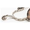 Image 3 : Unmarked pair of twisted iron spurs with small  rowels, leather straps in overall good condition.