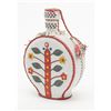 Image 1 : Leather covered glass flask, multi-colored  decorative artwork style, approx. 8” in height.    Est.: