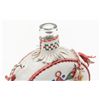 Image 3 : Leather covered glass flask, multi-colored  decorative artwork style, approx. 8” in height.    Est.: