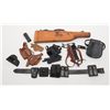 Image 1 : Misc. leather lot including holsters, magazine  holders, range bag, shotgun mutton case, belts,  etc