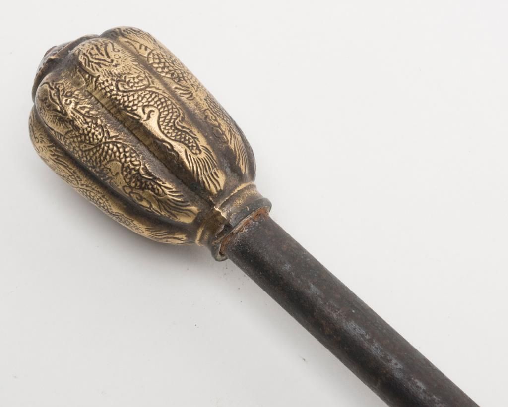 Antique Chinese battle mace with brass mounted over iron shaft and