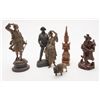 Image 1 : Lot of 6 desk size statues and wood carvings  including an old metal piece on stand, approx. 14”  in