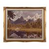 Image 1 : Large framed color photograph of snow capped  mountains reflected in a tree-surrounded lake with  be
