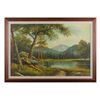 Image 1 : Framed oil on canvas of mountain lake scene,  approx. 30” x 40” signed “Sunny”; beautifully  accompl