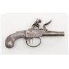 Image 1 : Double barrel SxS flintlock pistol, approx. 5-3/4”  overall with 2-1/2” barrels, all metal  construc