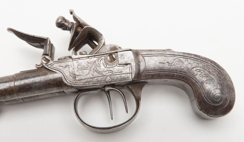 Double barrel SxS flintlock pistol, approx. 5-3/4” overall with 2-1/2 ...