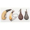 Lot of 2 old powder horns with great patinas and  wood stoppers, an old leather powder flask with  b