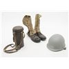 Image 1 : Military lot consisting of a pair of U.S. GI  boots, a helmet with liner painted Navy grey, and  a g