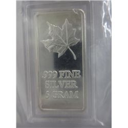 .999 Fine Silver 5 gram Canada Maple Leaf bar