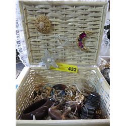 Rhinestone & costume jewelry in wicker box