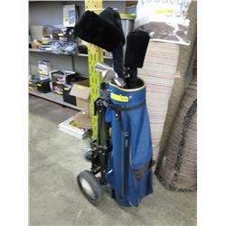 Golf clubs in rolling caddy
