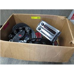 Box of stereo equipment, tambourine, etc.