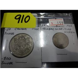 1942 CDN 50¢ piece & Tombac nickel