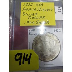 1922 USA Peace/Liberty silver dollar - .900 Silver