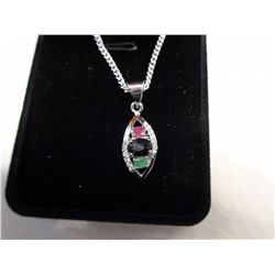 Ruby, sapphire & emerald sterling silver necklace