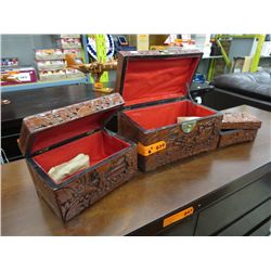 3 New small carved camphor wood chests