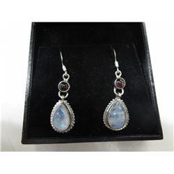 French hook moonstone & garnet earrings