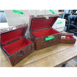 3 New camphor wood carved boxes