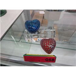 2 Art glass heart paperweights