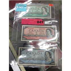 3 CDN bank notes - 1954 $1, $2, $5