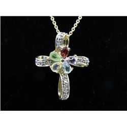 Multi gemstone & diamond cross necklace set