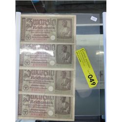 4 WWII Nazi German Eagle & Swastika Reichmarks