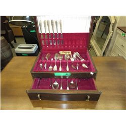 Large wood cutlery chest & contents