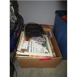 Box of CDs, record albums & a fishing net