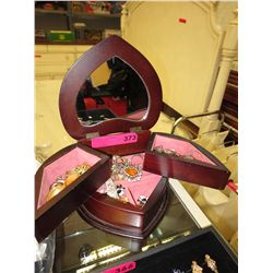 Heart shaped wood jewelry box & contents