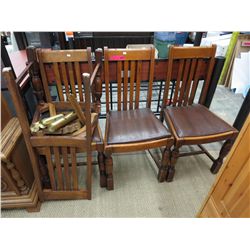 4 Vintage wood chairs with brown leather seats