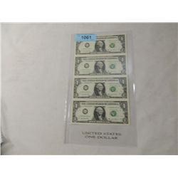 4 UNCUT UNCIRCULATED DOLLAR BILLS