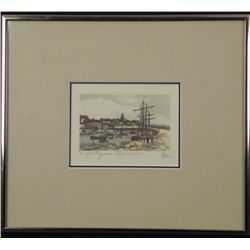 Rare French Art Print Boats in a Port Town Framed