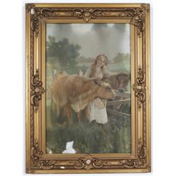 1890's Hand Colored Photograph Framed Women with Cows