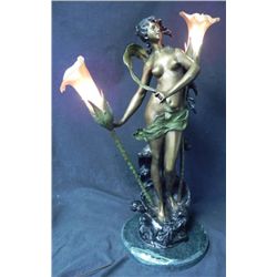 Art Nouveau Bronze Lamp Standing Lady Lily Glass Shades