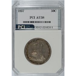 1857  SEATED HALF DOLLAR, PCI AU-58