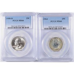 1958-D & 1964 WASHINGTON QUARTERS, BOTH PCGS MS-66