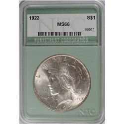 1922 PEACE DOLLAR NTC MS-66