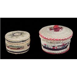 Two Lidded Nuu-chah-nulth Baskets; Sea Monster Design 2 1/4" D. 1 1/2" H. and Whaling Design by Dora