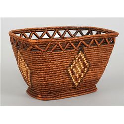 Very Finely Woven Lillooet Basket with Diamond Imbricated Design and Open Work Rim ca. 1910  6" L. 4