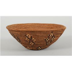 Finely Woven Lillooet Basketry Bowl with Diamond Imbricated Design 7" D. 2 1/2" H.  Good Condition
