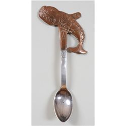 Tlingit Silver and Copper Spoon with Repousse Killer Whale Handle 6" L. 3" W.  Good Condition