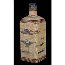 Makah Basketry Covered Bottle Decorated with Whaling Scene, Eagle Holding Arrow and Birds 9" H. 3 1/