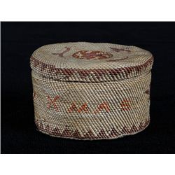 Nuu-chah-nulth Lidded Basket with "Merry Xmas" Motif 4" D. 2 1/2" H.  Good Condition