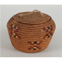 Lillooet Lidded Trinket Basket with Imbricated Design 5 1/2" D. 3 1/2" H.  Good Condition