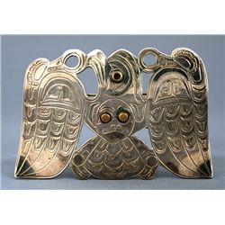 Northwest Coast Silver Thunderbird Brooch with Gold Inlay - Unsigned 4" W. 2" H.  Fine Condition