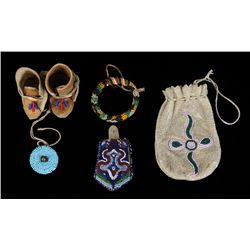 Beaded Pouch 4 3/4" H., Pair of Miniature Beaded Moccasins and Three Assorted Beaded Items  All In G