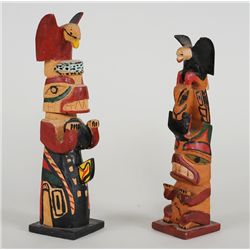 Two Totem Carved by Moses Alexcie 8" H.  Good Condition and 7 1/2" H.  Fair Condition with Loss to W