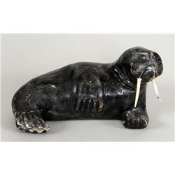Inuit Carved Soapstone Walrus with Bone Tusks - Port Harrison ca. 1960's 7 1/2" L. Fair Condition wi