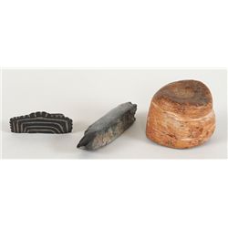 Stone Labret with Incised Design 2 1/4" W. Good Condition with Repair and a Hardstone Carving Tool 4