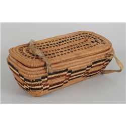 Lillooet Lidded Trinket Basket with Imbricated Geometric Design and Handles 8 3/4" L. 4 3/4" W. 3" H